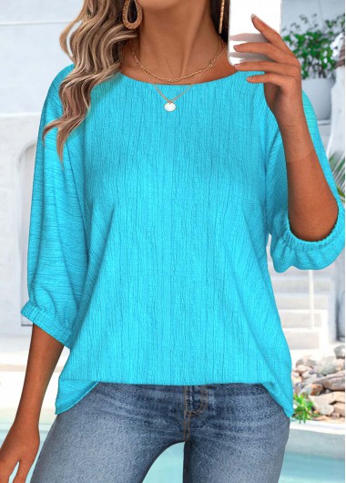 Modlily Cyan 3/4 Sleeve Round Neck Blouse - M
