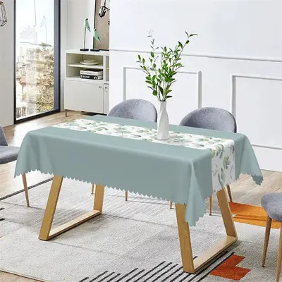 Light Teal Plant Leaves Spring Rectangle Tablecloth - Aperturee