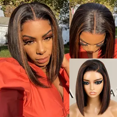 Highlight Yaki Straight Bob 13x4 Lace Frontal Pre Everthing 6x4.5 / 4x4 Lace Clsoure Human Hair Wig