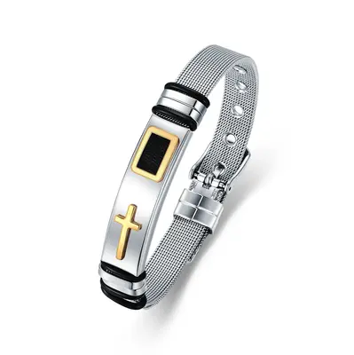 Stainless Steel Two-tone Cross Charm Bracelet for Men