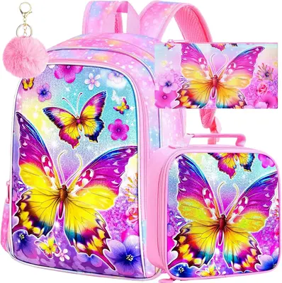 3PCS Butterfly Backpack for Girls, 16'' Kids Preschool Bookbag with Lunch Box, Cute Animal Water ResistantSchool Bag Set for ...