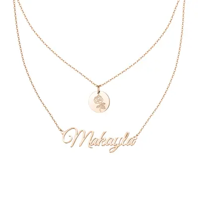 Sterling Silver with Rose Gold Plated & Personalized Classic Name Birth Flower Layered Necklace