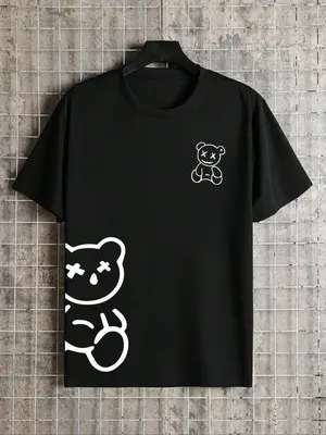 Men's Cartoon Bear Print Round Neck Tee, Regular Fit Short Sleeve Crew Neck T-Shirt for Daily Outdoor Wear, Casual Comfy Knit...
