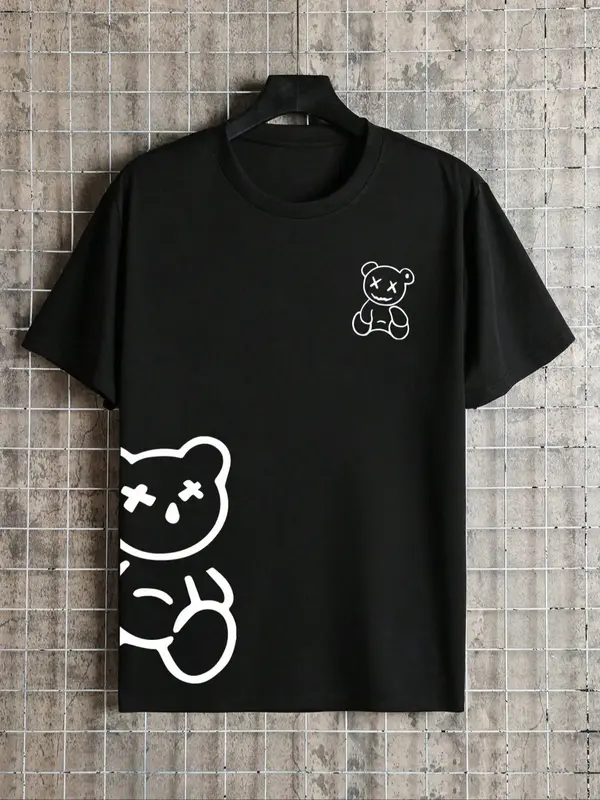 Men's Cartoon Bear Print Round Neck Tee, Regular Fit Short Sleeve Crew Neck T-Shirt for Daily Outdoor Wear, Casual Comfy Knit...