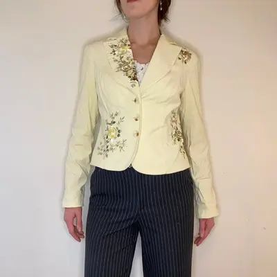 Yank Embroidered Blazer - Medium Yellow Cotton Blend