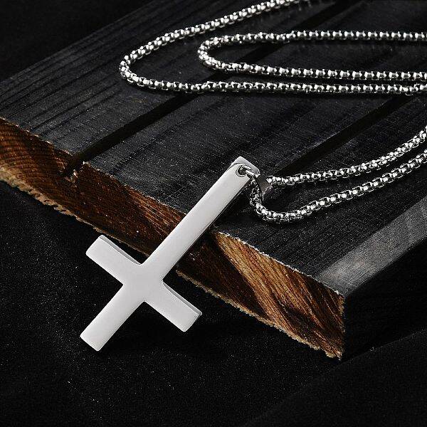 304 Stainless Steel Upside Down Cross Pendant Box Chain Necklaces