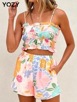 YOZY Two-Piece Set Women's Floral Print Frill Trim Shirred Crop Cami Top & Elastic Waist Shorts Set, Casual Sleeveless Top & ...