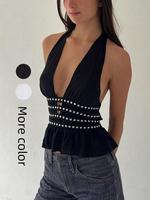 Women's Plain Rivet Decor Halter Tie Back Peplum Top, Elegant Fashion Casual Backless Top for Daily Outdoor Wear, Ladies Clot...