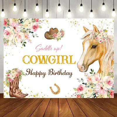 Cowgirl Pink Floral Horse Happy Birthday Backdrop - Aperturee