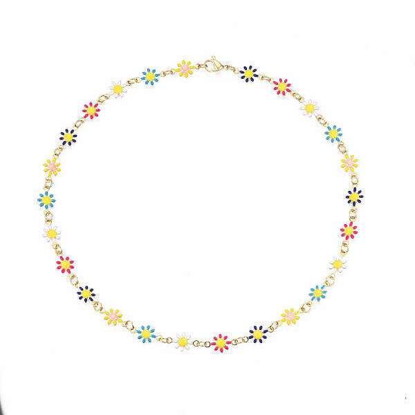 Enamel Flower Link Chains Necklace