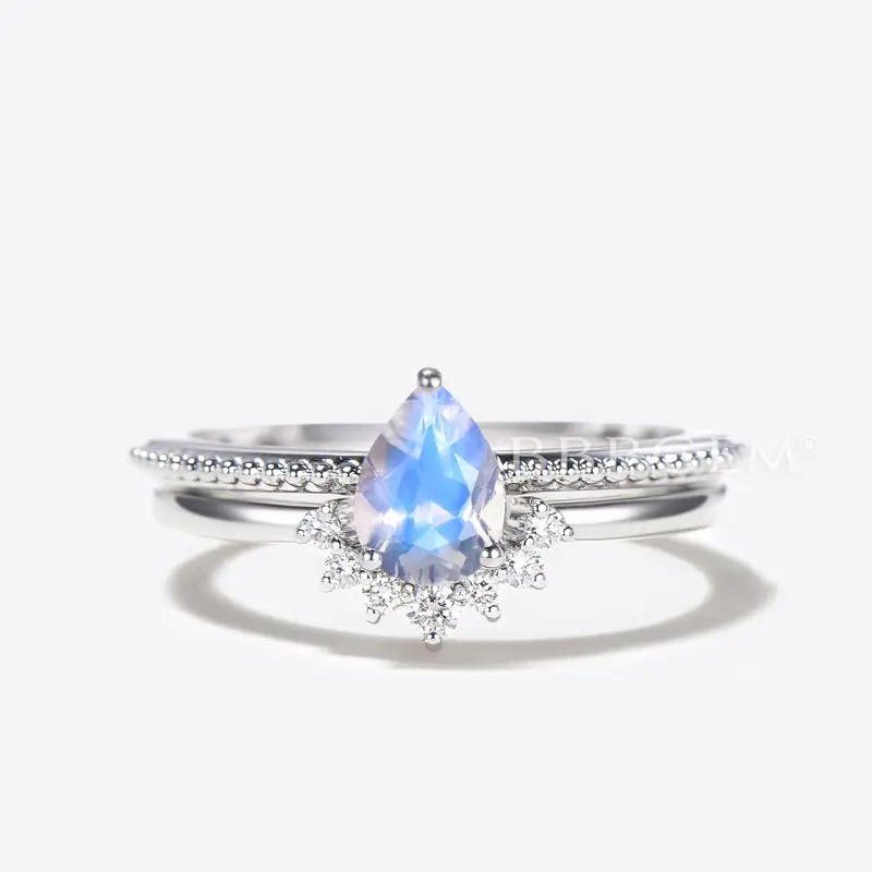 Solitaire Rainbow Pear Genuine Moonstone Diamond Engagement Ring Set