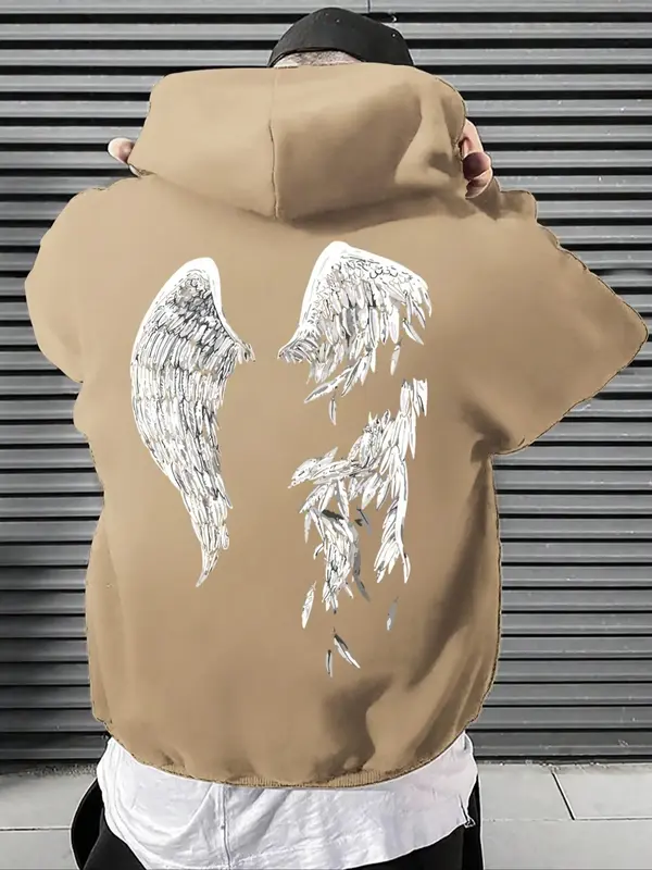 Men's Wings Print Drawstring Hoodie, Fashion Essentials Hoodie, Regular Fit Casual Pocket Hooded Sweatshirt, Men's Spring & F...