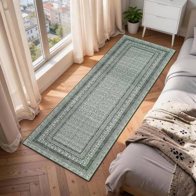 Garvee Modern Bordered Kitchen Rug, Non-Slip Washable Low Pile, Stain Resistant Soft Carpet, Green, Entryway Hallway Bedroom