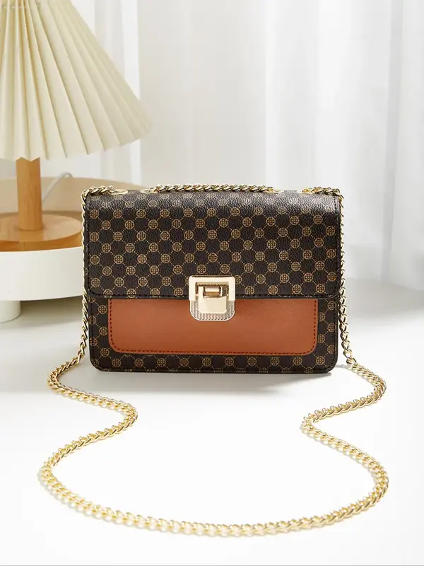 Vintage Geometric Presbyopia Pattern Classic Flap Shoulder Bag, Metal Chain Buckle Pu Leather Square Shoulder Bag, Casual Fas...