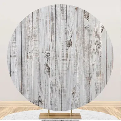 White Faded Wood Plank Round Backdrop For Birthday - Aperturee