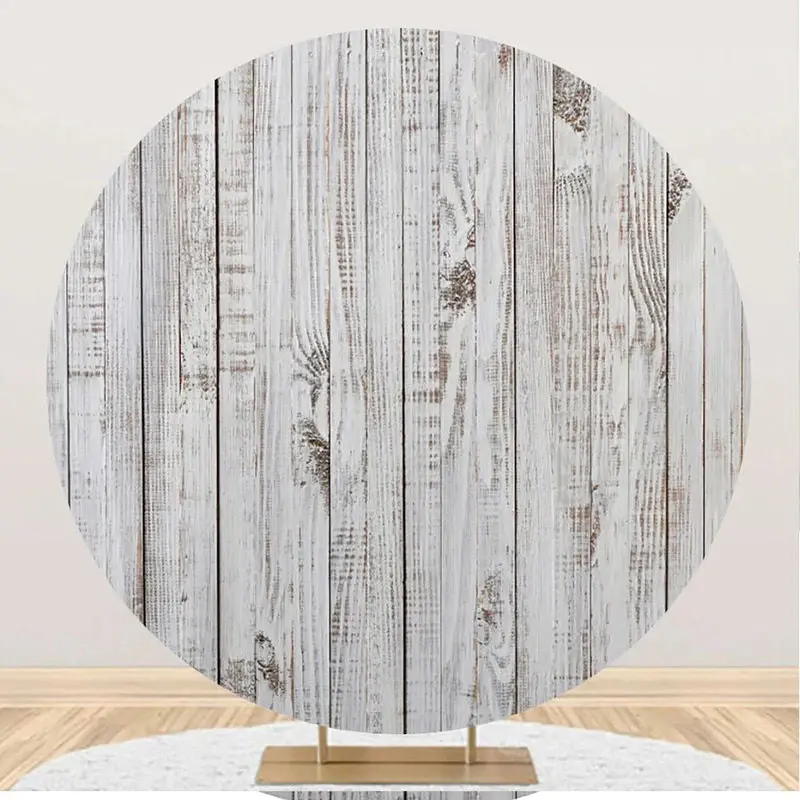 White Faded Wood Plank Round Backdrop For Birthday - Aperturee