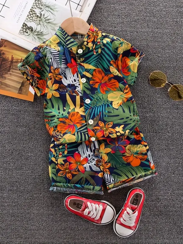 Two-piece Set Boy's All Over Print Button Front Shirt & Shorts without Shoes, Casual Short Sleeve Collared Top & Shorts for S...