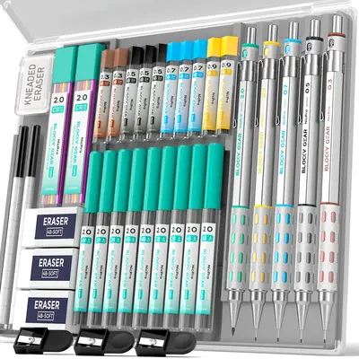 Nicpro 5 Pack Blocky Gear Mechanical Pencil Set with Case, Metal Mechanical Pencils 0.3, 0.5, 0.7, 0.9, 2mm Lead Holder for A...