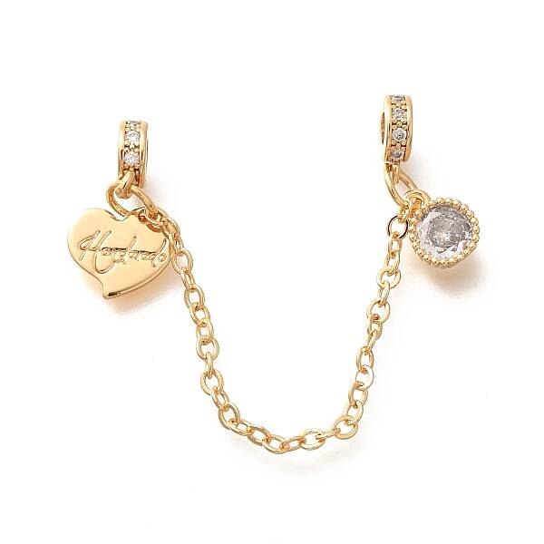 Brass Clear Cubic Zirconia European Safety Chains wtih Heart Charms