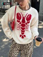 Women's Cartoon Lobster Print Drop Shoulder Sweater, Casual Long Sleeve Round Neck Jumper for Fall & Winter, Fashion Ladies' ...