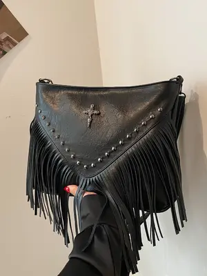 Women's Fashionable Tassel Design Cross Patched Decor Crossbody Bag, Casual Solid Color Pu Leather Zipper Shoulder Bag with A...