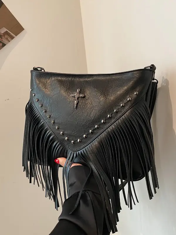 Women's Fashionable Tassel Design Cross Patched Decor Crossbody Bag, Casual Solid Color Pu Leather Zipper Shoulder Bag with A...