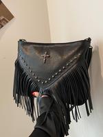 Women's Fashionable Tassel Design Cross Patched Decor Crossbody Bag, Casual Solid Color Pu Leather Zipper Shoulder Bag with A...