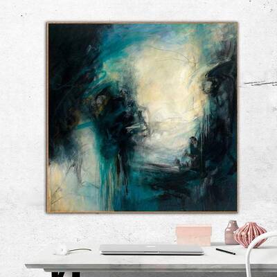 Abstract contrast canvas painting: original impasto oil painting in blue, white, black, yellow colors as contemporary wall ar...