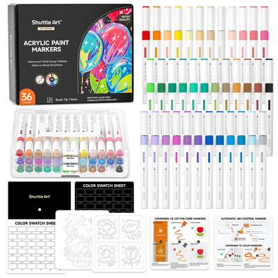 Shuttle Art Automatic Ink Control Acrylic Paint Markers, 24/36/60 Colors Brush Tip Acrylic Paint Pens for Rock Painting,