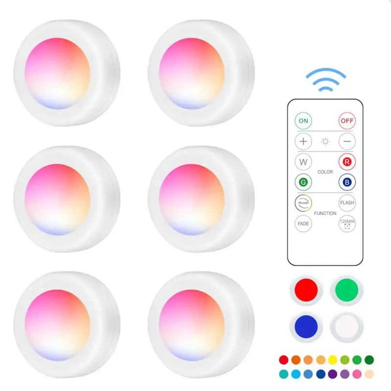 Under Cabinet LED Lights, Small Round Lamp, Color Changing LED Light with Remote Control, Battery Required LED Night Light, L...