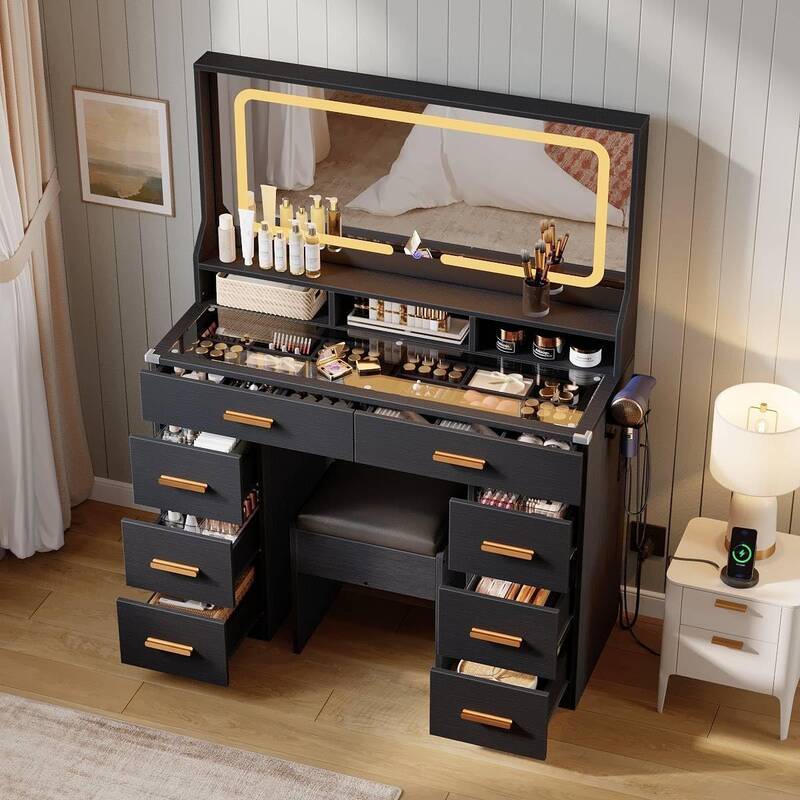 Garvee Vanity Desk with Mirror and Lights, Makeup Dresser for Bedroom with 8 Drawers & 1 Vanity Chair & Power Outlet, Modern ...