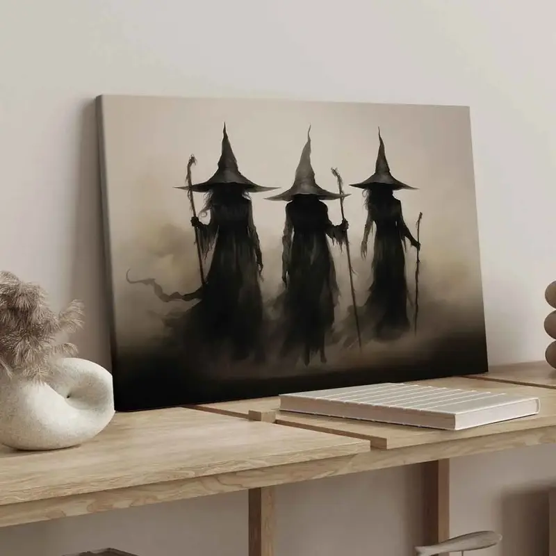 Wooden Framed Canvas Painting, 1-3 Count Mysterious Black-robed Wizards Fantasy Poster, Halloween Decorative Poster, Modern A...