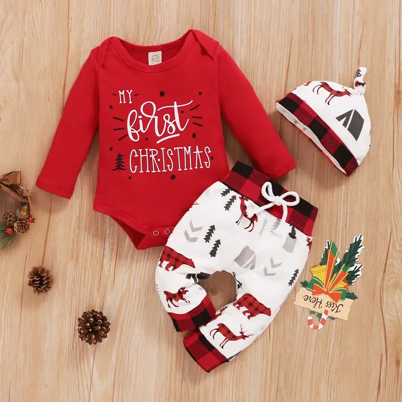 My First Christmas Outfits Baby Boy Girl 6 12 18 24 Months Long Sleeve Romper Onesie Pants Hat 3Pcs Fall Winter Clothes