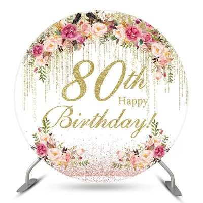 Aperturee Floral Glitter Round Happy 80Th Birthday Backdrop | Circle Party Backdrop | Custom Circle Backdrop Birthday | Round...