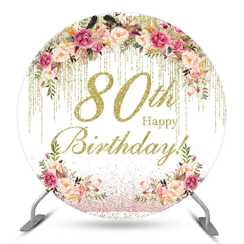 Aperturee Floral Glitter Round Happy 80Th Birthday Backdrop | Circle Party Backdrop | Custom Circle Backdrop Birthday | Round...