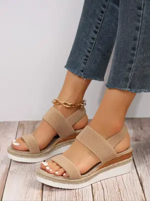 Women's Fashionable Plain Color Wedge Sandals, Casual Versatile Two Strap Open Toe Non-slip Slip-on Sandals, Summer 2024 Vaca...