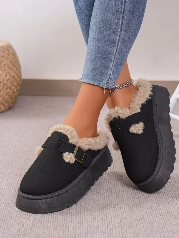 Women's Solid Color Plush Lined Snow Boots, Casual Comfortable Slip on  Boots for Fall & Winter, Female All-match Round Toe S...