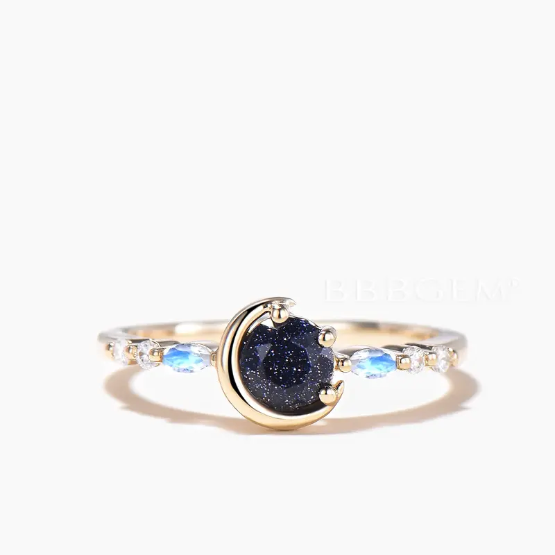Round Cut Blue Sandstone Moon Engagement Ring Moonstone Celestial Ring
