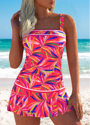 Modlily Ruched Mid Waisted Leaf Print Hot Pink Tankini Set - S