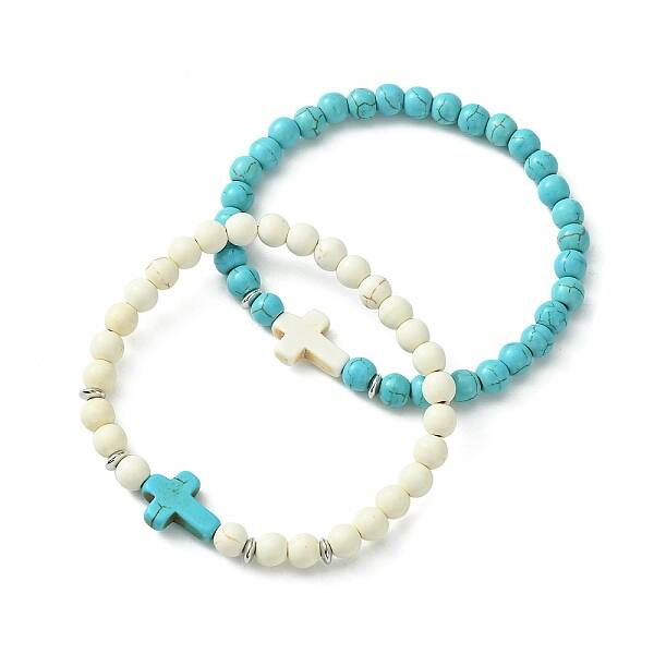 2Pcs 2 Color Synthetic Turquoise Cross Beaded Stretch Bracelets Set