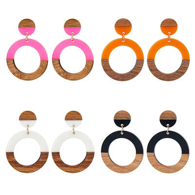 3 Pairs 3 Colors Resin & Wooden Donut Dangle Stud Earrings with 316 Surgical Stainless Steel Pins