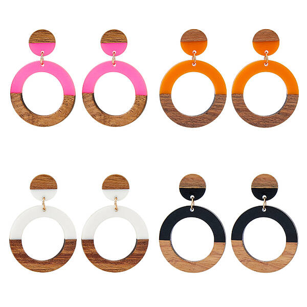 3 Pairs 3 Colors Resin & Wooden Donut Dangle Stud Earrings with 316 Surgical Stainless Steel Pins