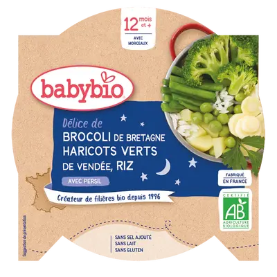 Babybio Dinner Plate - 12 Months and Up - Broccoli, Green Beans, Rice - ORGANIC 230G