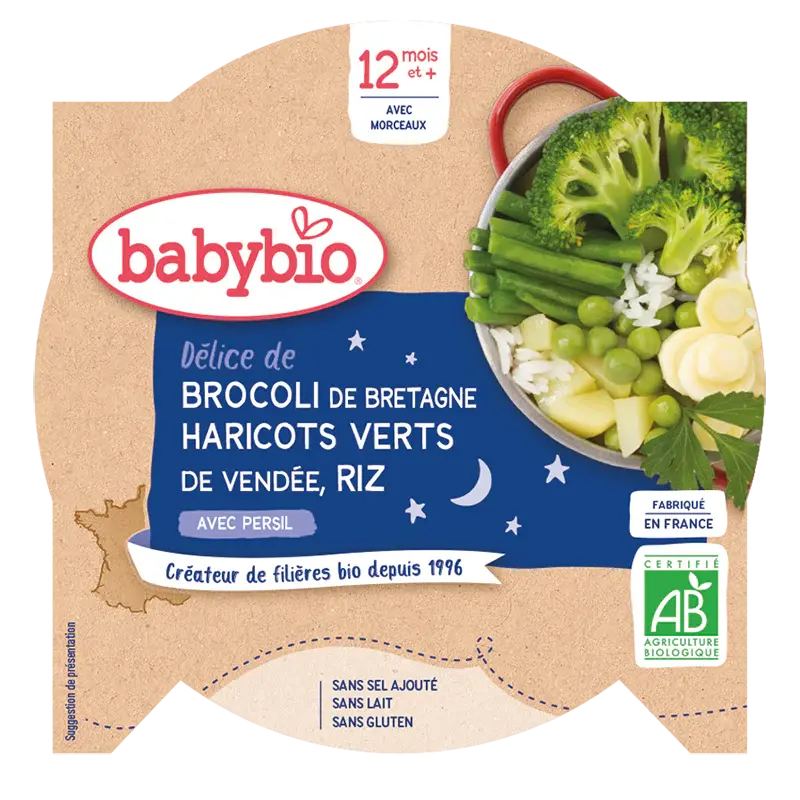 Babybio Dinner Plate - 12 Months and Up - Broccoli, Green Beans, Rice - ORGANIC 230G