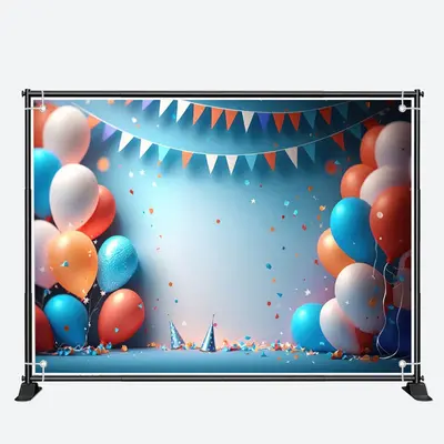 Blue Orange Balloons Confetti 1st Birthday Backdrop - Aperturee