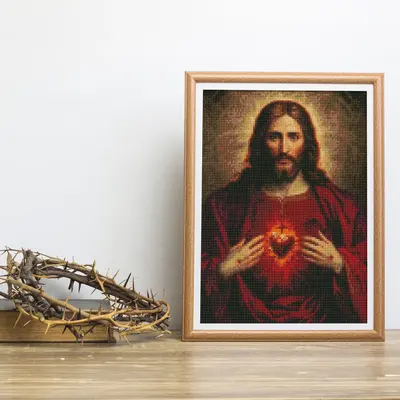 Sacred Heart of Jesus Diamond Painting Kit, Squares Diamonds, Sacred Heart, Full Drill Religious Cross Art, Christian DIY Cra...