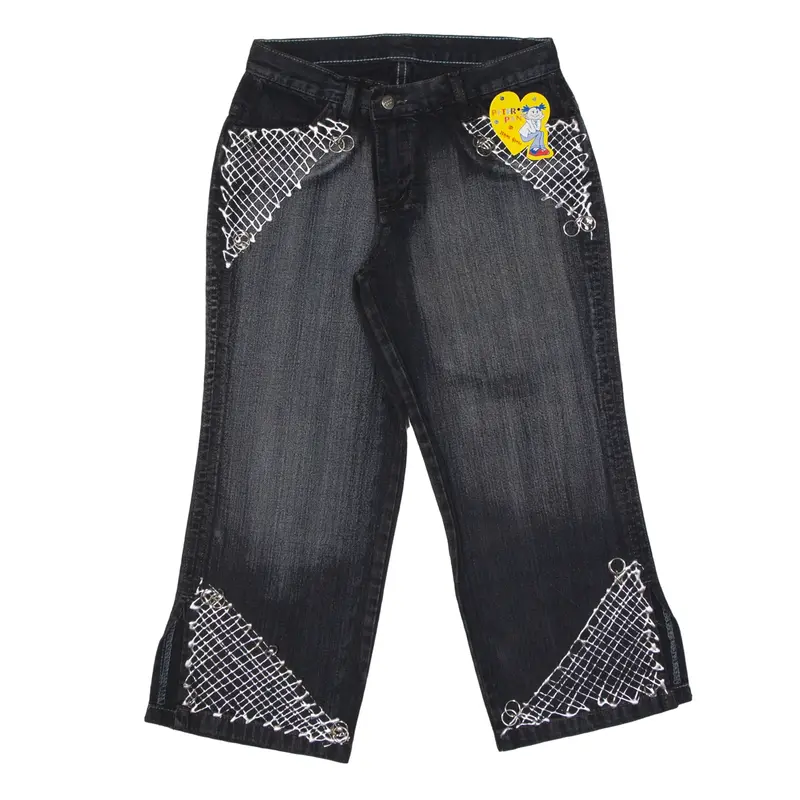 PETER PAN Y2K Metallic Design Cropped Jeans Black Denim Regular Straight Girls W24 L20