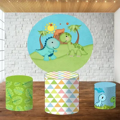 Aperturee Green And Cyan Dinosaur Round Birthday Party Backdrop | Circle Party Backdrop | Round Backdrop Fabric Cover | Round...