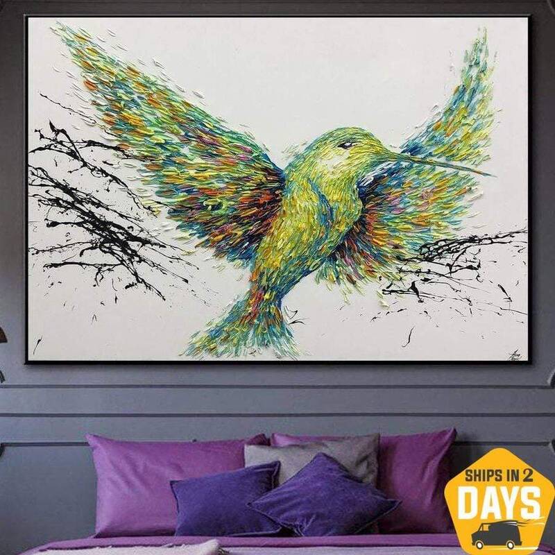 Large Original Oil Paintings Birds Colibri Canvas Art Green Painting Canvas Acrylic Abstract Oil Painting | SPRING HUMMINGBIR...