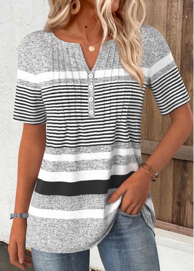 Modlily Light Grey Marl Striped Short Sleeve T Shirt - L